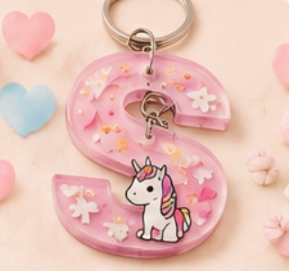 Pink letter S keychain with a unicorn