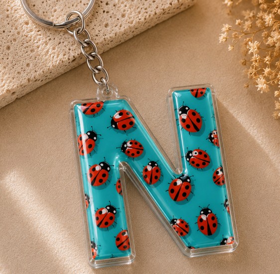 Letter N keychain with ladybugs