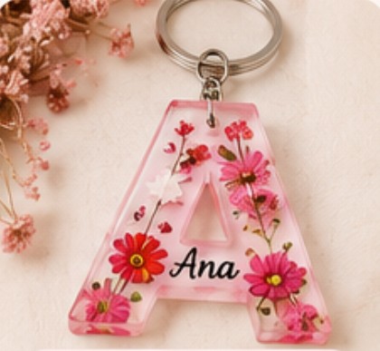 Letter A keychain with pink flowers and the name Ana