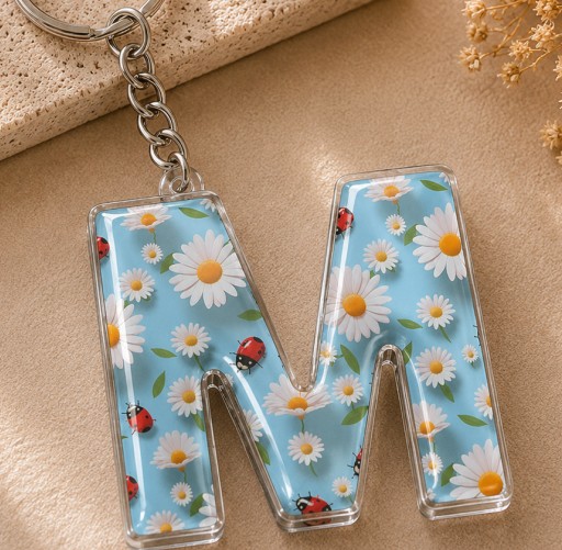 Letter M keychain with daisies