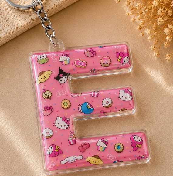 Letter E keychain with Hello Kitty characters