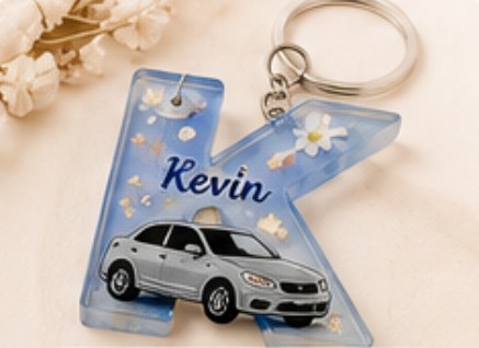 Letter K keychain with a car and the name Kevin